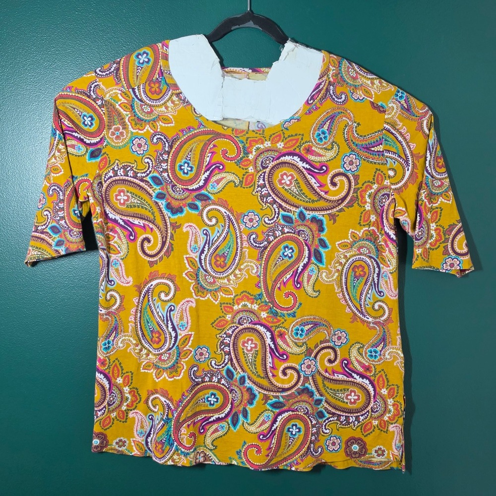 Terra & Sky Womens 1X 16W-18W Mustard Yellow Paisley Scoop Neck Short Sleeve Top